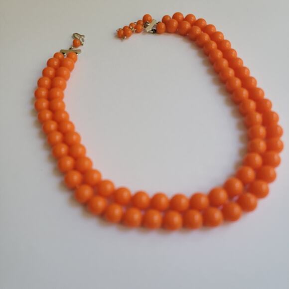Vintage Double-Stranded Orange Beaded Necklace from Japan, 16 Inch - Picture 2 of 8